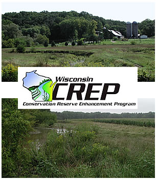 CREP  sign superimposed on farm scene and field and stream scene