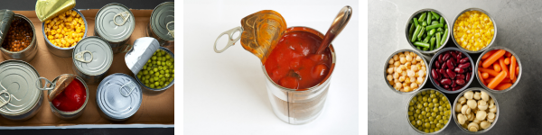 Cans of soup and vegetables