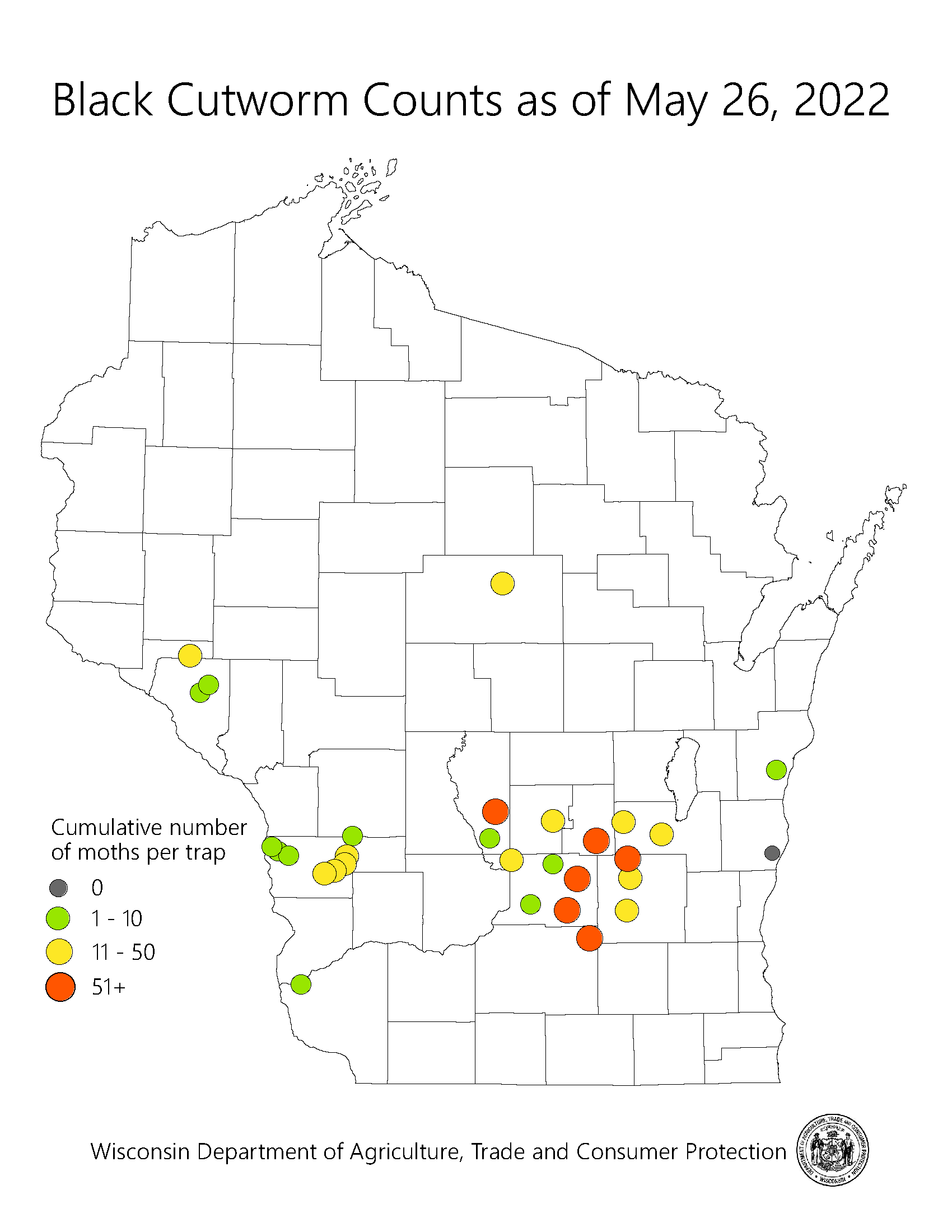 Black Cutworm counts as of May 19, 2022 in the State of Wisconsin