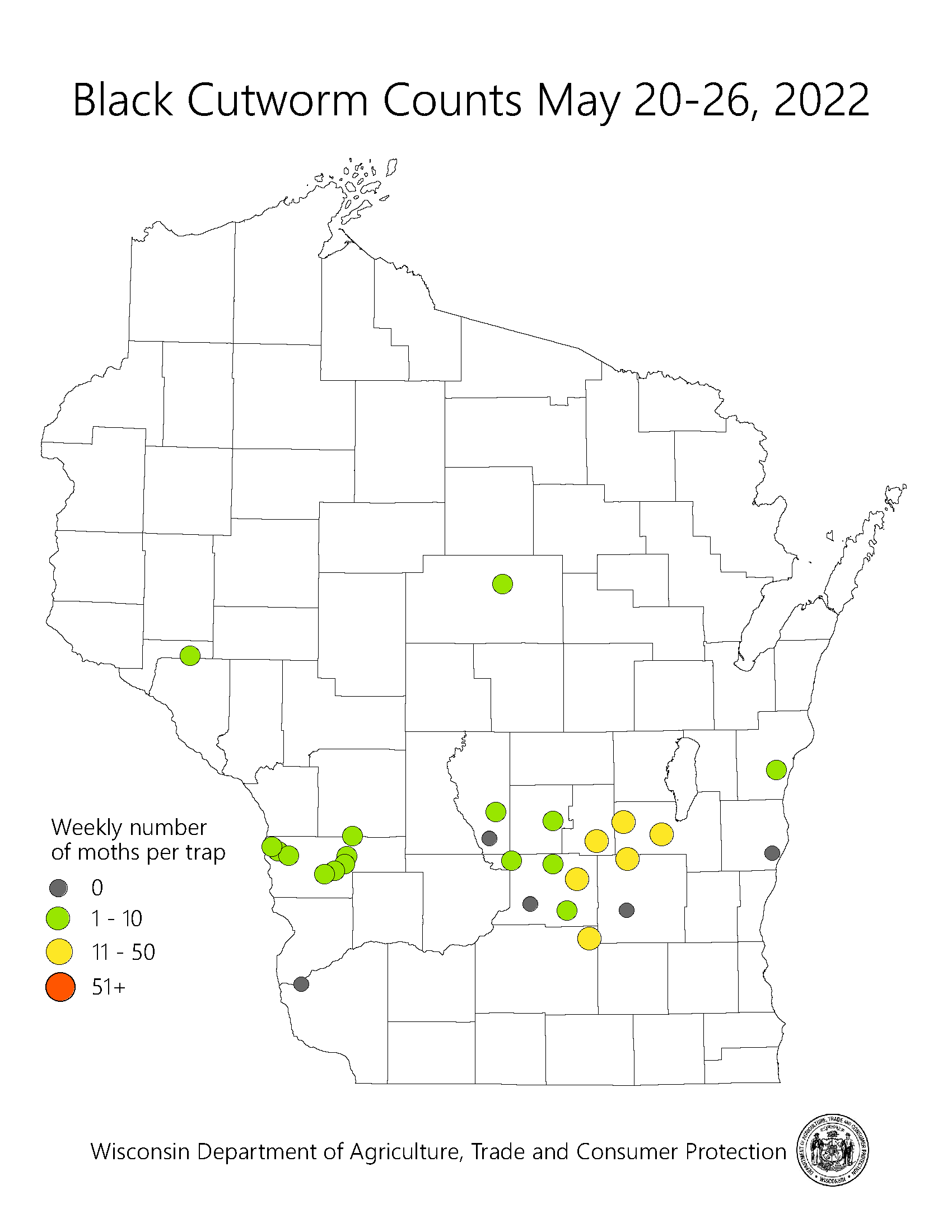 Black Cutworm counts on May 13-19, 2022  in the State of Wisconsin