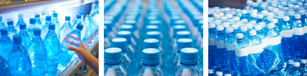 Three groups of bottled water