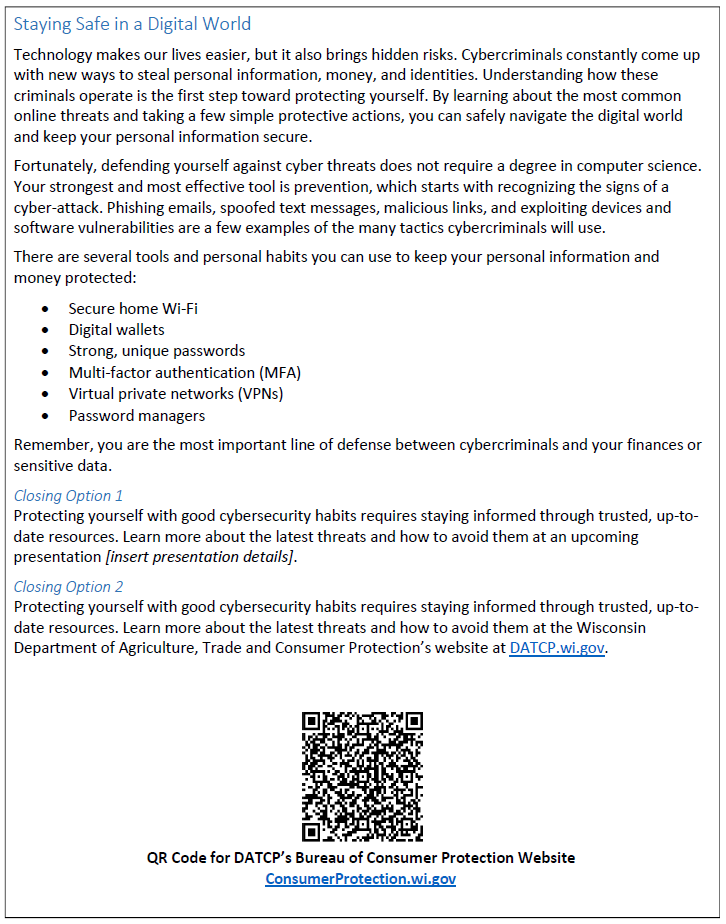 Screenshot of a sample newsletter article containing information and tips about common scams and frauds.