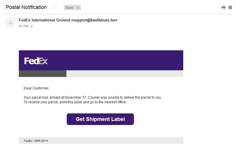 Second example of a fake FedEx shipping email
