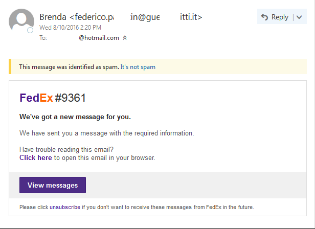First example of a fake FedEx shipping email